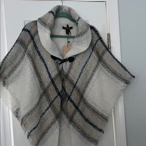 Chic Plaid Poncho - Cream, Black, and Tan